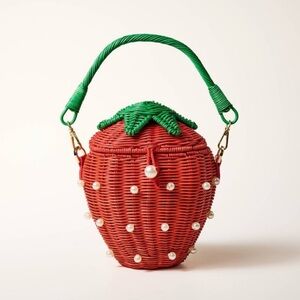 Kate Spade Pearl Embellished Strawberry Straw Basket Bucket Bag in Red